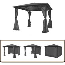 Belvédère avec rideau Anthracite Aluminium 300 x 300 cm - Pergola - Tonnelle - Abri Solaire - Gazebo - Parasol