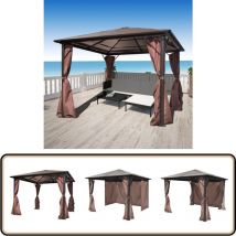 Belvédère avec rideau Marron Aluminium 300 x 300 cm - Tonnelle - Gazebo - Abri Solaire - Parasol - Terrasse