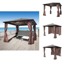 Belvédère avec rideau Marron Aluminium 300 x 300 cm - Tonnelle - Gazebo - Abri Solaire - Parasol - Terrasse