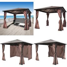 Belvédère avec rideau Marron Aluminium 300 x 300 cm - Tonnelle - Gazebo - Abri Solaire - Parasol - Terrasse - Home & Living