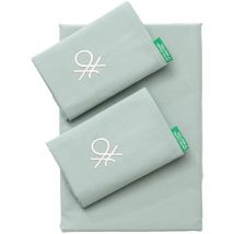 Benetton - king Parure de draps 4 pièces : Drap plat + Drap housse + 2 Taies d'oreiller 50x85 cm, coloris vert - 100% coton - Vert
