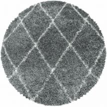 Tapis à Poils Longs Design Berbère Motif Losanges - Gris et Blanc - Rond 120x120cm