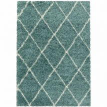 Tapis à Poils Longs Design Berbère Motif Losanges - Turquoise et Blanc - 240x340cm