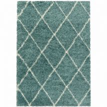 Alvor - Tapis à Poils Longs Design Berbère Motif Losanges - Turquoise et Blanc - 80x250cm