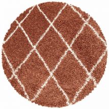 Alvor - Tapis à Poils Longs Design Berbère Motif Losanges - Terracotta et Blanc - Rond 200x200cm