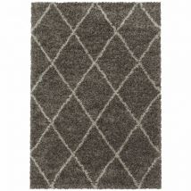 Alvor - Tapis à Poils Longs Design Berbère Motif Losanges - Taupe et Blanc - 240x340cm