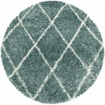 Alvor - Tapis à Poils Longs Design Berbère Motif Losanges - Turquoise et Blanc - Rond 120x120cm