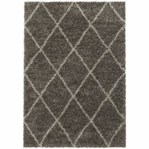 Tapis à Poils Longs Design Berbère Motif Losanges - Taupe et Blanc - 140x200cm