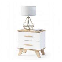 Bergen table de chevet scandinave 45 cm sur pieds Bois et Blanc 2 tiroirs
