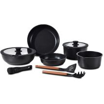 Bergner Click&cook - Set 10 Pz Pentole Easy Click Nere - Padelle E Casseruole Con Rivestimento Antiaderente - Include Coperchio E Utensili - Manico 
