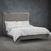 Berkeley Double Bed – Soft Mink-Grey Velvet Upholstery – Vertical Stitched Detail – Silver Trim