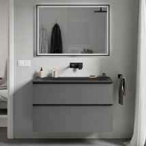 Bernstein - Meuble de salle de bain avec vasque fonte minérale, 2 tiroirs et poignées métal - 100x45,5x62cm (LxPxH) - lavoa - Couleur meuble, Lavabo