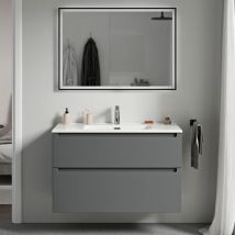 Bernstein - Meuble de salle de bain suspendu bois laqué, meuble vasque blanche 2 tiroirs soft-close - Garantie 5 ans - 64x81x47cm - vireo -Matt
