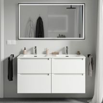 Bernstein - Meuble de salle de bain suspendu bois laqué, meuble vasque blanche 4 tiroirs soft-close - Garantie 5 ans - 64x121x47cm - VIREOBlanc mat