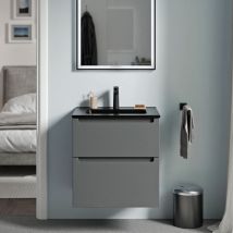 Bernstein - Meuble de salle de bain suspendu bois laqué, meuble vasque noire 2 tiroirs soft-close - Garantie 5 ans - 64x61x47cm - vireo -Matt