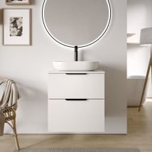 Bernstein - Meuble sous vasque suspendu Blanc brillant pour lavabo à poser, 2 tiroirs - 59,8x45,5x62cm - tim - Couleur Plan vasque, Couleur poignées