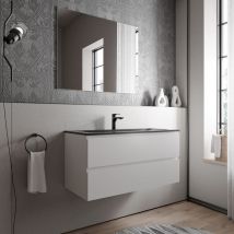 BERNSTEIN - Meuble vasque de salle de bain MDF Blanc mat avec lavabo fonte minérale Noir mat - 100x45,6x50cm - AVA CREAM -Blanc mat, Noir mat avec