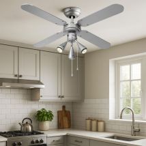 Bestron - led Deckenventilator Zugschalter Ventilator Vor-Rücklauf Lüfter wendbare Flügel, Spots beweglich, Holz silbergrau/marineblau, 3x led 3W