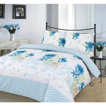 Bethany Floral Duvet Cover Set Reversible Zig Zag Bedding - Blue - Single