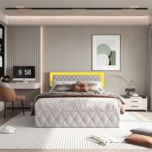 Bett 140 X 190 Cm Mit Lattenrost, Bettkasten Mit Led, Samtstoff, Bettrahmen Für Erwachsene, 140 X 190 Cm, Beige