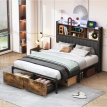 Bett 160x200 Mit Lattenrost, Led-bett 160 X 200, Bett Aus Holz Und Metall Mit Beleuchtetem Kopfteil, Integriertem Usb Und Doppelten Schubladen Für