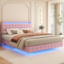 Bett 140×200 Cm, Doppelbett Mit Verstellbarer Led, Verstellbarem Kopfteil Und Schwebendem Design, Ohne Matratze, Rosa