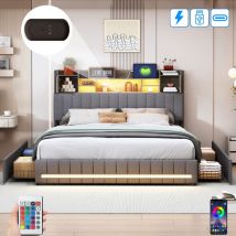 Bett 160x200 Cm, 2 Plätze, Mit 4 Schubladen, Led, 2 Türen, Regale, Usb-klimaanlage, Holzlattenrost, Metallrahmen, Gepolstertes Leinenbett – Grau