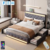 Dans Les Nuages - Bett 160x190 cm, 2 Plätze, mit 4 Schubladen, led, USB-A/C-Anschluss, Knopfkopfteile, Holzlattenrost, Metallrahmen, gepolstertes