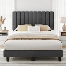 Bett 160x200 cm INRE, mit Stoffkopfteil, Polsterbett Doppelbett mit Lattenrost, Erwachsenenbett für 2 Personen Dunkelgrau