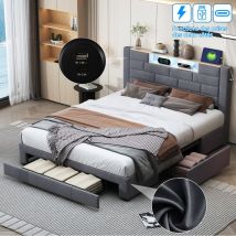 Bett 140x200 Cm, Mit 3 Schubladen, Led-beleuchtung, Usb-a/c-ladeanschluss, Holzlattenrost, Metallrahmen, Gepolstertes Erwachsenenbett Aus Samt - Grau