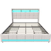 Bett 160 X 200 Cm Und Lattenrost - Bettrahmen 140 X 200 Cm Mit 4 Schubladen - Kopfteil Mit Stauraum - Led + Typ C + Usb - Leinen - Beige