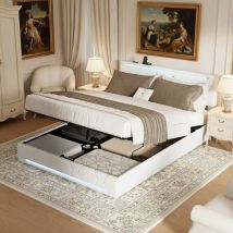 Bett 160x200 Cm Mit Stauraum, Stauraumbett Mit Led Und Usb, Polsterbett Aus Leinenstoff, Holzlattenrost, Skandinavischer Stil, Beige