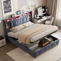 Bett 140 X 200 Mit Lattenrost, Bett 140x200, Bett 140, Elegantes Doppelbett Mit Integriertem Stauraum, Usb-ladeanschluss Und Led-beleuchtung