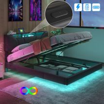 Bett 140 X 200 Mit Lattenrost, Bett 140x200, Bett 140, Modernes Led-bett In Schwarz Pu Mit Stauraum, Steuerbarer Lichtleiste Und Integrierter 
