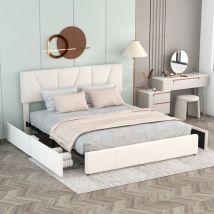 Bett 160x200cm, mit 4 Schubladen, Lattenrost aus Holz, großer Stauraum, Metallrahmen, gepolstertes Doppelbett aus Samt - Beige