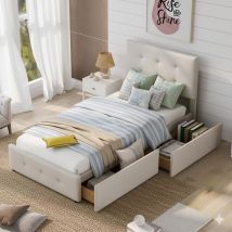 Bett 90 X 200 Cm – Mit Großer Schublade – Höhenverstellbares Gepolstertes Kopfteil – Inklusive Lattenrost – Aus Beigem Samt