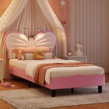 Bett 90x200 Mit Lattenrost, Kinderbett 90x200, Einzelbett, Gepolstertes Kinderbett Mit Schmetterlingsmuster Und Integrierter Led-leseleuchte, 90x200 