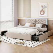 Bett Für Erwachsene 140x200 Cm - Tanant - Gepolstert - 4 Schubladen - Integrierte Led - Verstellbares Kopfteil