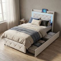 Bett Mit 2 Schubladen 90x200, Led-beleuchtung Und Usb/type-c Anschlüssen, Einzelbett, Gepolstertes Bettgestell Aus Samt, Skandinavischer Stil, Beige