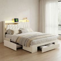 Bett Mit 3 Schubladen 140x200, Usb/typ-c & Steckdosen, Polsterbett Mit Led, Bett Erwachsene, Kopfteil Mit Stauraum, Samt, Moderner Skandi-stil(