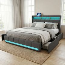 Bett Mit 4 Schubladen 140x200, Polsterbett Mit Led, Kopfteil Mit Stauraum, Bett Erwachsene Mit Usb/typ-c, Leinen, Modern/skandinavisch(140x200cm, Grau