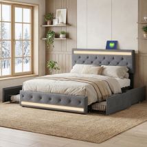 Bett 180x200 Mit 4 Schubladen, Polsterbett Mit Led & Usb-c, Bett Erwachsene Mit Verstellbarem Kopfteil, Stauraumbett Leinen, Moderner Skandi-stil(