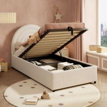Bett Mit Bettkasten 90×200 Cm, Einzelbett Mit Hydraulischem Stauraum, Gepolstertem Kopfteil Und Geräuschdämpfender Struktur, Ohne Matratze, Bouclé, 