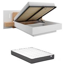 Bett mit Bettkasten mit Nachttischen + Matratze - 160 x 200 cm - 2 Schubladen + LEDs - Weiß & Holzfarben - FRANCOLI