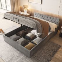 Bett mit Bettkasten Samt-Stoff Polsterbett Lattenrost Doppelbett Stauraum Holzfu (Grau, 140 x 200 cm)