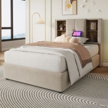 Einzelbett mit kabelloser USB-C-Aufladung, gepolsterter Bettrahmen 90 x 200 cm, Bettrahmen mit Stauraum, Lattenrost aus Holz und Naturleinen (mit