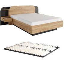 Bett mit Nachttischen + Lattenrost - 160 x 200 cm - Mit LED-Beleuchtung - Holzfarben & Schwarz - juvisia