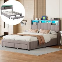 Bett Mit Schubladen 160x200 Cm, Gepolstertes Bett Mit Stauraum, Nachttisch Und Seitentaschen, Led-beleuchtung Und Usb, Lattenrost, Doppelbett Für 