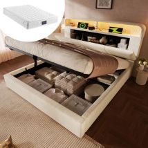 Bett Mit Stauraum 140×200 Cm, Doppelbett Mit Verstellbarem Led, Usb, Typ C Und Höhenverstellbarem Kopfteil, Mit Matratze, Samt, Beige