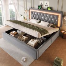 Bett Mit Stauraum 140×200 Cm, Doppelbett Mit Verstellbarer Led, Usb, Type C Und Hydraulischem Bettkasten, Ohne Matratze, Samt, Grau